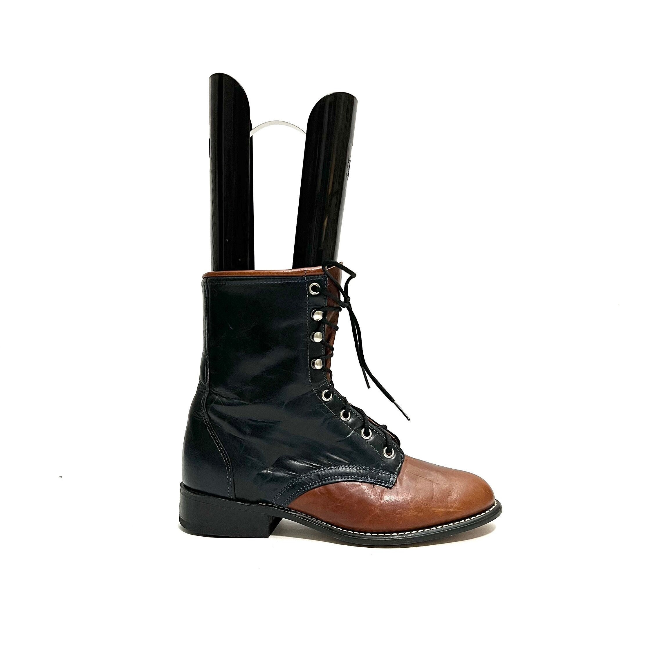 Vintage 1980s Deadstock Womens Two Tone Roper Boots // Navy Blue and Brown Leather Lace Up Western Ankle Boots by Laredo Size 7.5