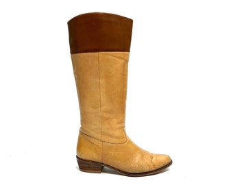 Vintage damesrijlaarzen jaren 1970//bruine leren kniehoge westernstijl laarzen met houten hak maat 7