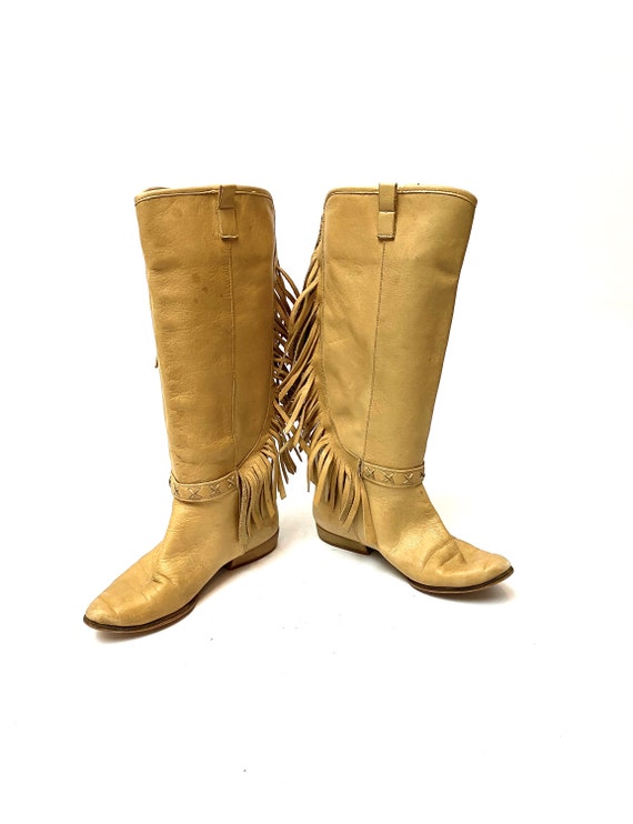 Vintage 1970s Italian Leather Fringe Boots // Tan… - image 6