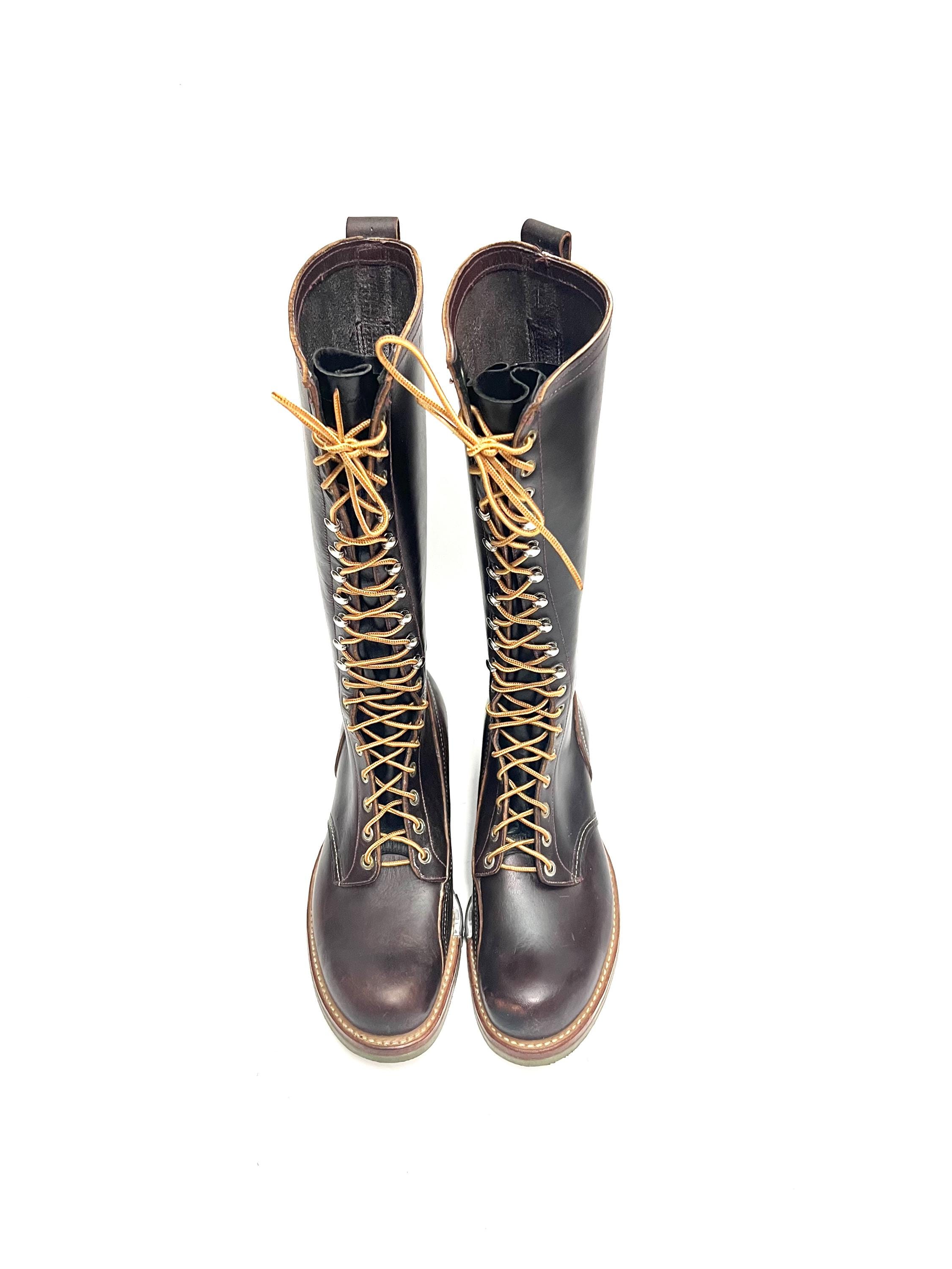 Vintage 1990s brown leather lineman logger knee high lace up green sole boots 1990s Westco Vibram Sole Pole Climber Logger Black Leather  main image 4