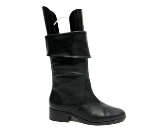 Vintage 1970s Womens Pirate Boots // Black Leather Fold Over Pull On Mid Calf Costume Boots by Salinas Size 7