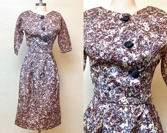 Vintage 1960s Abstract Asymmetrical Day Dress // Brown Acetate Button Up Tailored Floral Sheath