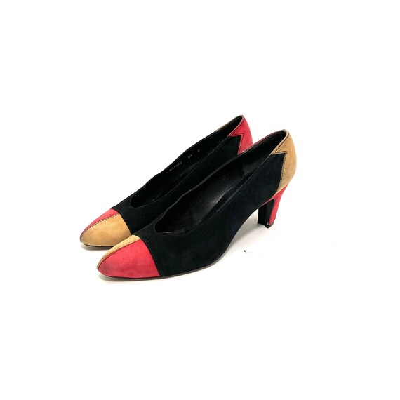 Vintage 1980s Color Block Pumps // Black Suede Re… - image 6