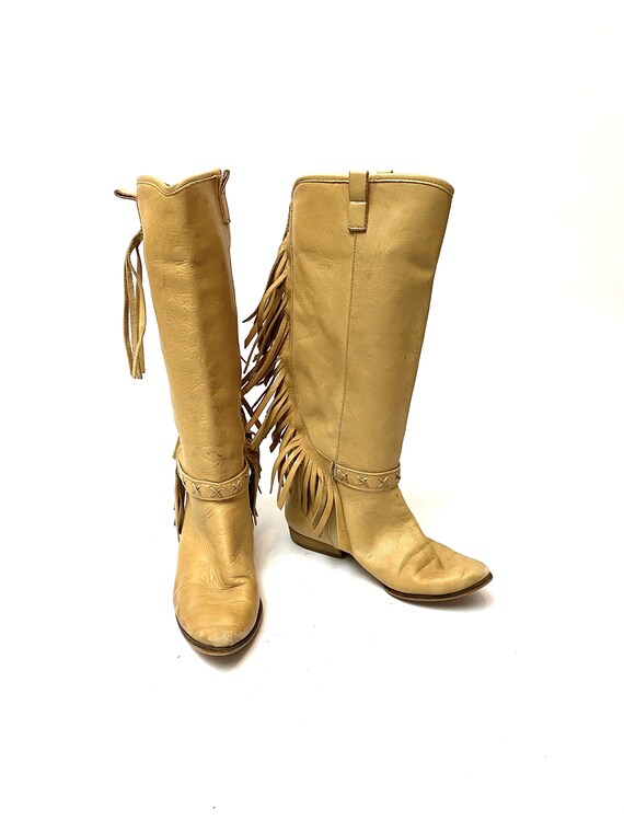 Vintage 1970s Italian Leather Fringe Boots // Tan… - image 4