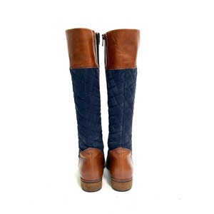 Vintage 1980s Navy Blue Quilted Suede Riding Boots // Brown Leather ...