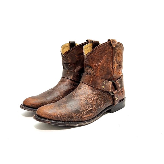 Vintage Y2K Womens Harness Biker Boots // Brown Leather Low Rise Pull On  Western Ankle Boots by Frye Size