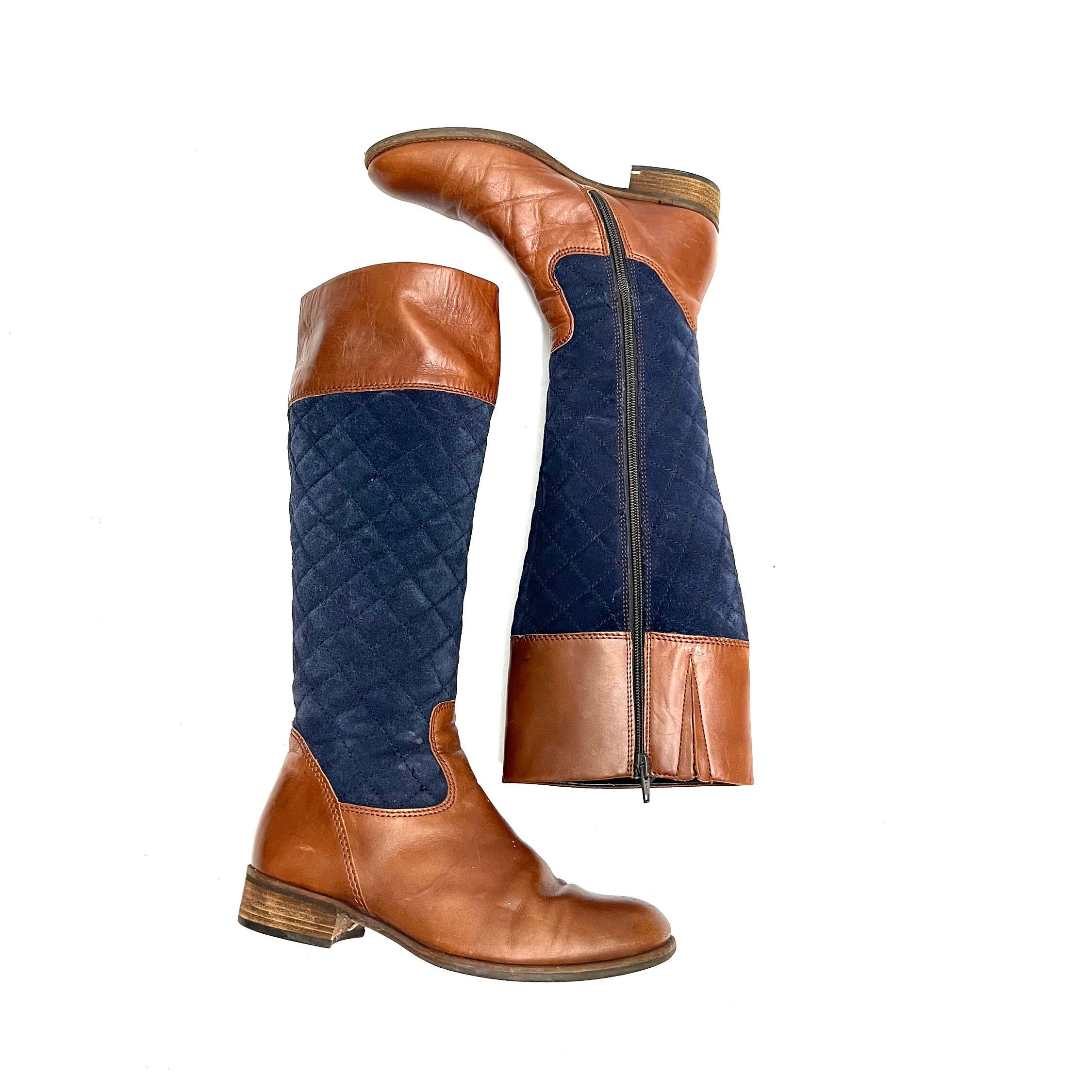 Vintage 1980s Navy Blue Quilted Suede Riding Boots Brown Leather Knee High Pull on Posh Boots by Gabor Size 6 Etsy