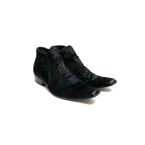 Vintage 1990s Mens Shaggy Ankle Boots shops // Black Pony Hair Leather Zip Up Square Toe Booties by Carrucci Size 10