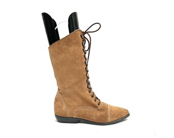 Vintage 1980s Granny Boots // Brown Suede Mid Calf Lace Up Heeled Victorian Style Boots Size 6