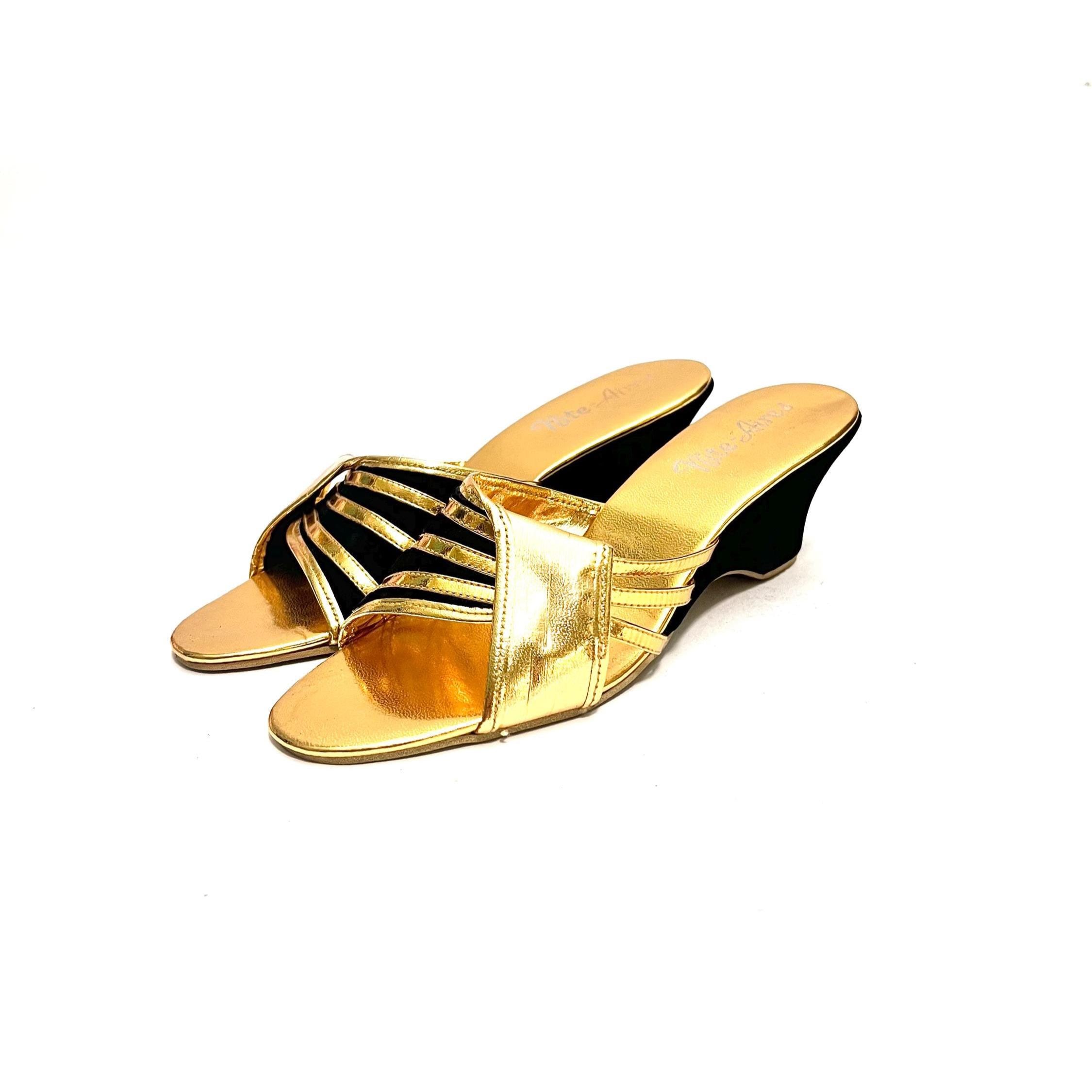 Vintage 1960s Deadstock Boudoir Slippers Gold Vegan Leather Black…