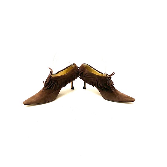 Vintage 1990s Jimmy Choo Heels // Brown Suede Fri… - image 5