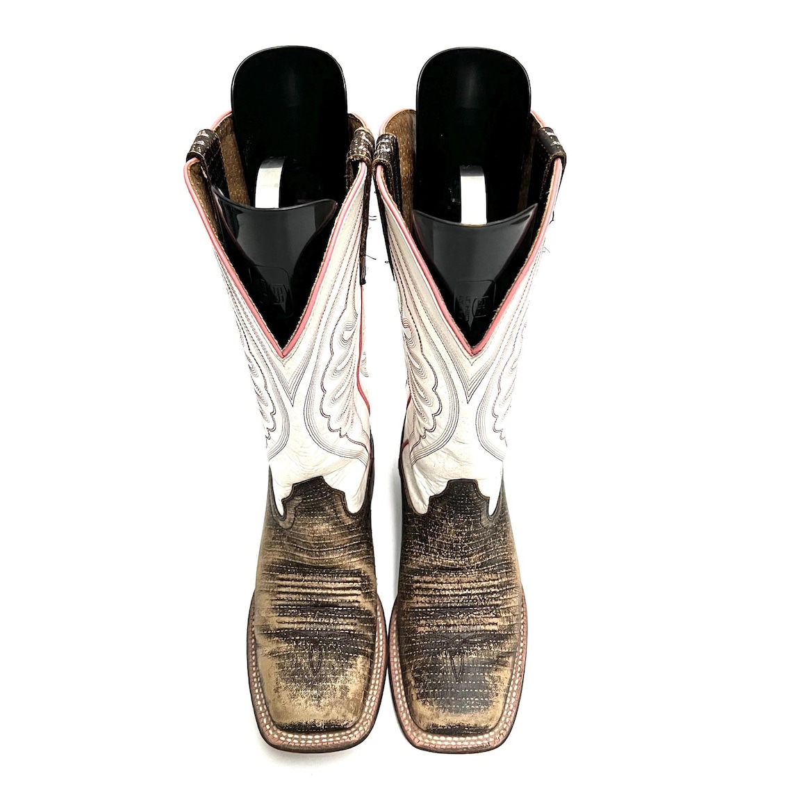 Vintage Y2K Womens Square Toe Cowboy Boots // Brown and White Leather Pink Trim Pull On Western Boots by Ariat Size 9, foto 3 di 5