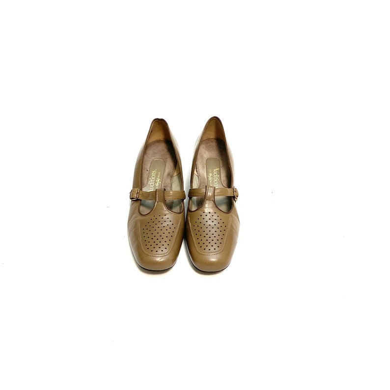 vintage 1970s T Strap Mary Janes // Khaki Leather Loafer Heels by Auditions Taille 9 image 3