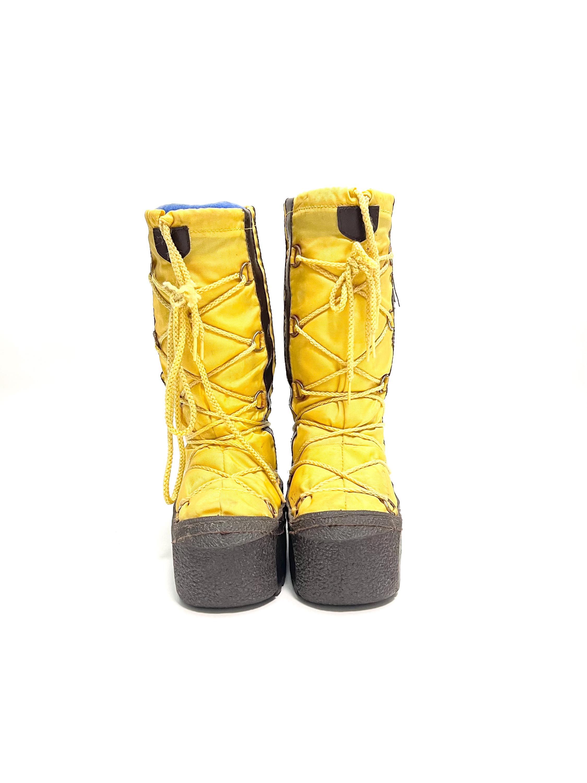 Vintage 1980s Platform Snow Boots // Yellow Nylon Pull on  display picture 2
