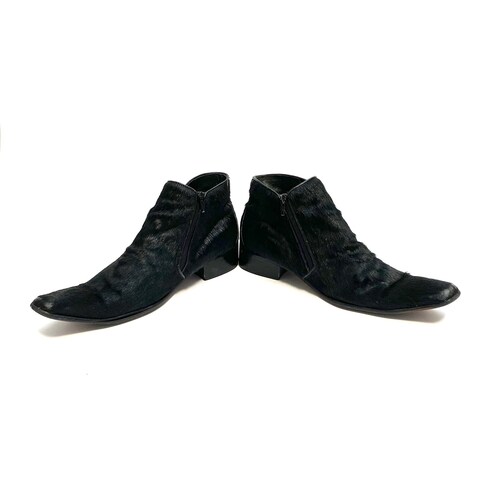 Vintage 1990s Mens Shaggy Ankle Boots shops // Black Pony Hair Leather Zip Up Square Toe Booties by Carrucci Size 10