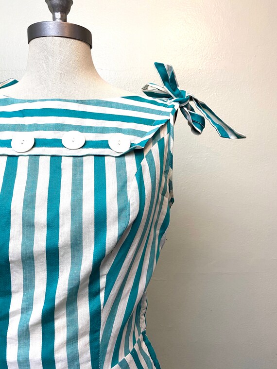 Vintage 1950s Cotton Stripe Dress // Teal and Tur… - image 4