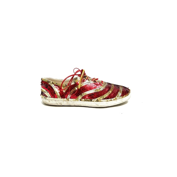 Vintage 1980s Party Sneakers // Red and Gold Sequin Canvas Lace Up Shoes by Headliners Size 10