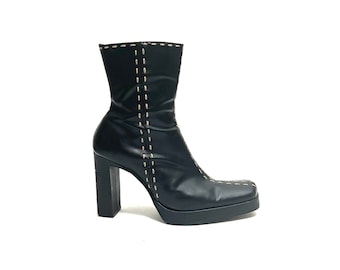 Vintage 1990s Square Toe Platform Boots // Black Vegan Leather Heeled Ankle Booties by Lei Size 8