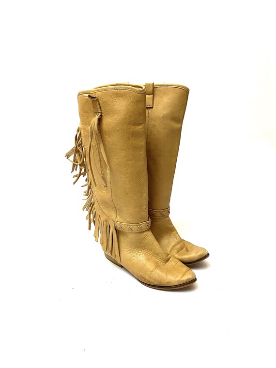 Vintage 1970s Italian Leather Fringe Boots // Tan… - image 5