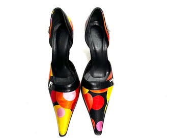 【ゆっちゃん】HEARTMOTIFPOINTEDTOE PUMPS Vintage Y2K Extreme Pointed Toe Pumps // Multicolor Satin
