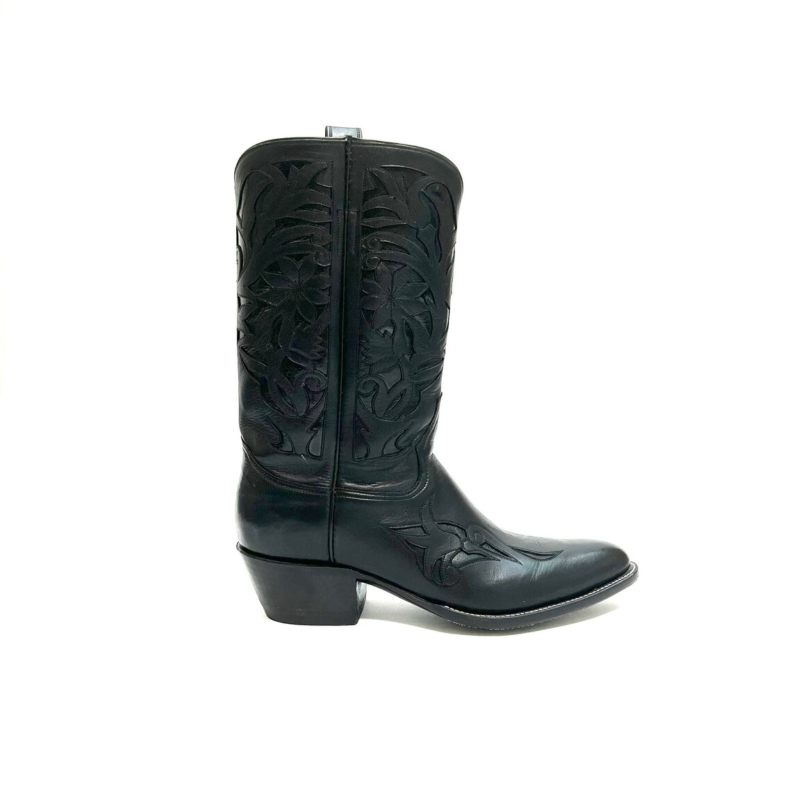 Vintage 1990s Mens Rocketbuster Cowboy Boots // Custom Handmade Bespoke Black Leather Floral Mid Calf Boots Size 9, foto 2 di 5