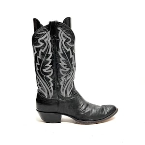Vintage 1990s Womens Cowboy Boots // Black Reptile Leather Pull On Western Style Boots by Justin Size 11.5
