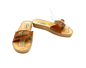 Vintage 1980s Original Exercise Sandals // Brown Leather Open Toe Slides by  Scholl's Size