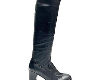 Vintage 1960s Knee High Gogo Boots // Black Stretch Leather Pull On Heeled It Girl Boots by Charles Jourdan Size 4.5