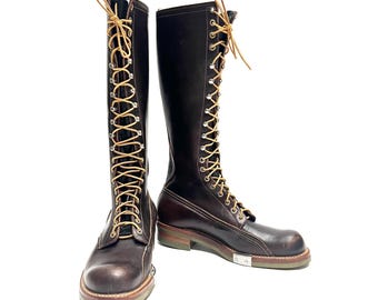 Vintage 1990s Lineman Logger Green Sole Boots // Brown Leather Knee High Lace Up Work Boots by Red Wing Shoes Size 8.5