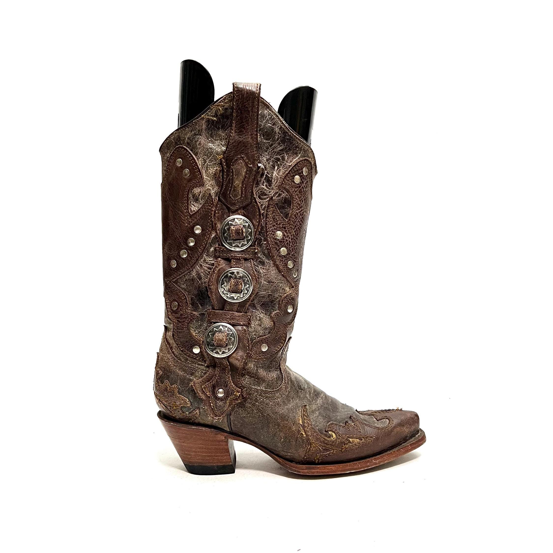 Vintage Y2K Womens Applique Cowboy Boots // Brown Leather Mid Calf 