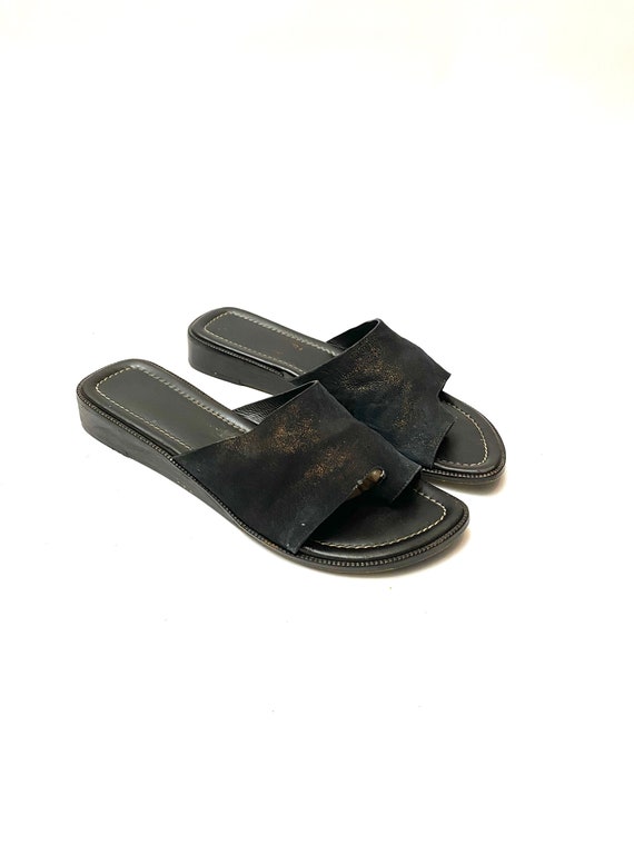 Vintage 1990s Black Metallic Sandals // Suede Sli… - image 6