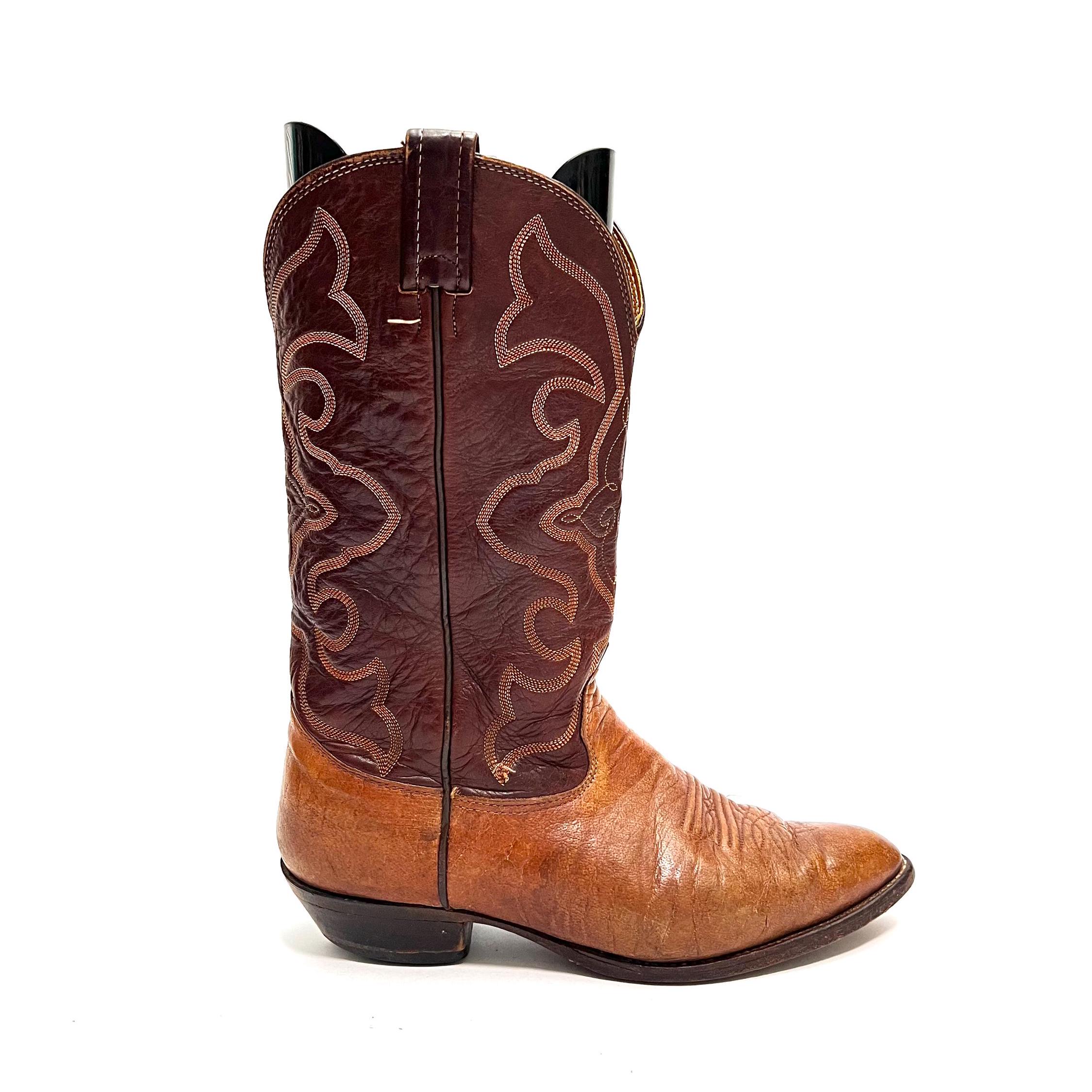 Vintage 1970s Mens Cowboy Boots // Brown and Oxblood Leather Pull On Mid Calf Western Boots by Nocona Size 9.5