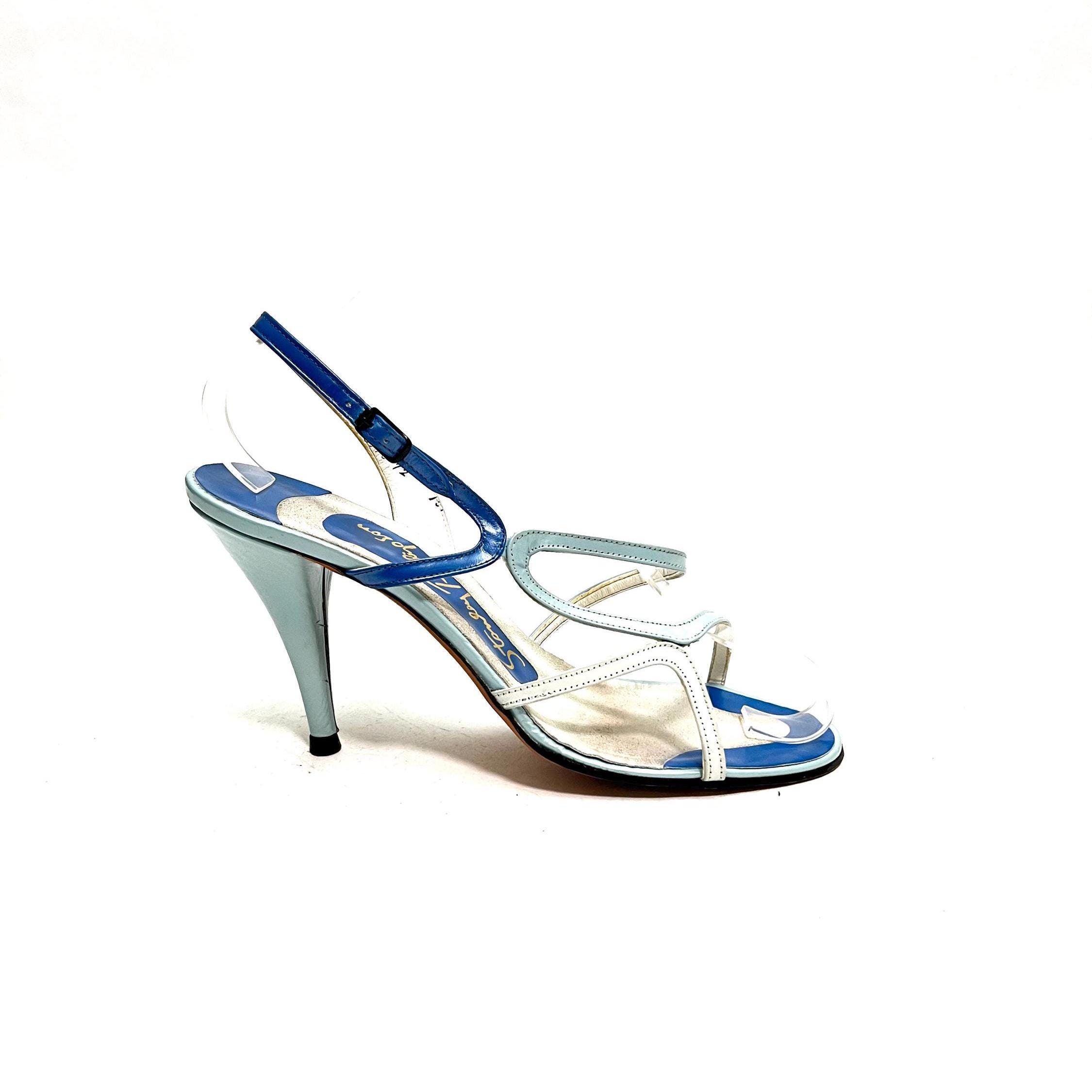 Vintage 1980s Asymmetrical Heels Blue Tri Tone Leather Strappy Open Toe…