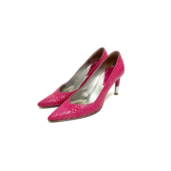 Vintage Y2K Embossed Leather Heels // Pink and Si… - image 6