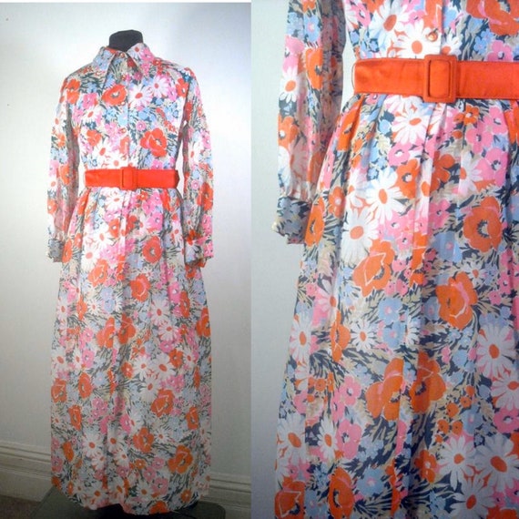Vintage Floral Print Maxi Dress 1960s Day Dress Lo