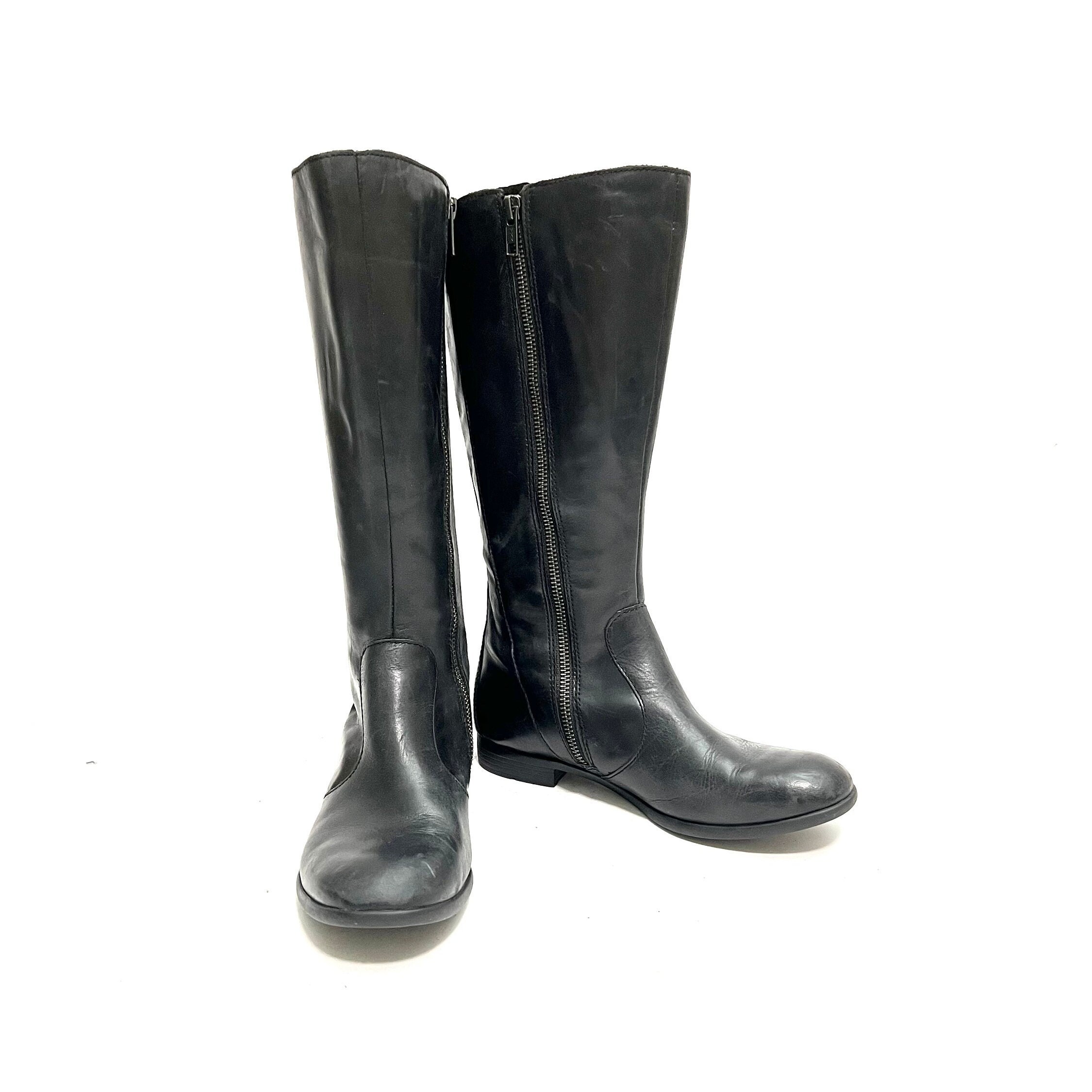 Vintage Y2K Womens Silver Rivet Biker Boots // Black Leather Zip