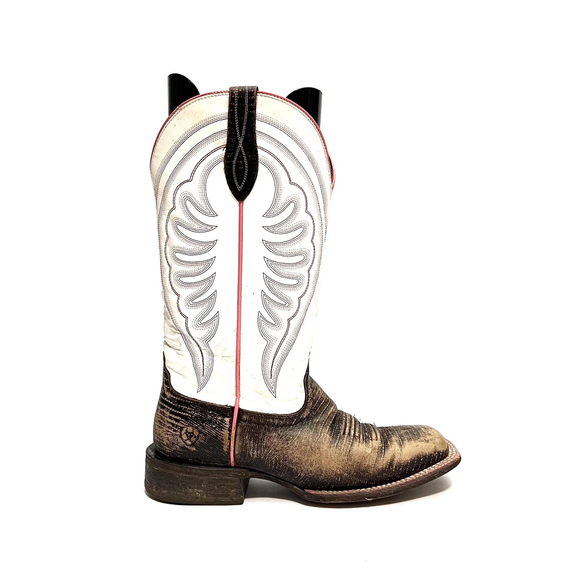 Vintage Y2K Womens Square Toe Cowboy Boots // Brown and White Leather Pink Trim Pull On Western Boots by Ariat Size 9, foto 1 di 5