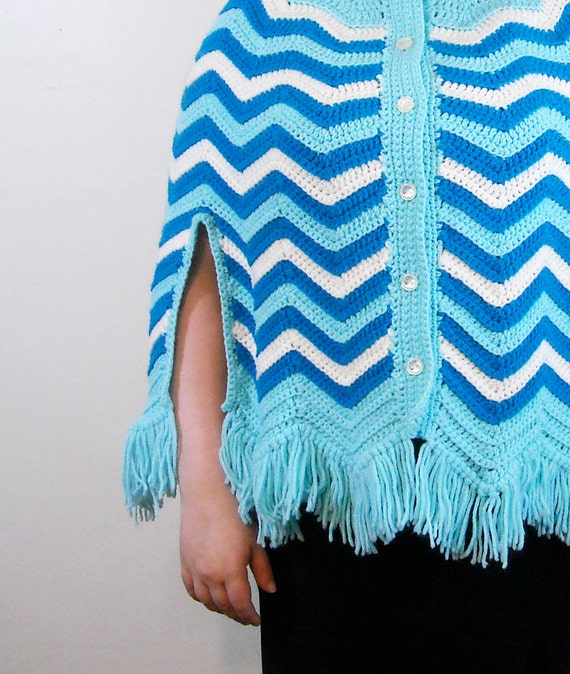 Blue Chevron Poncho // 1960s Crochet Fringe Cape /