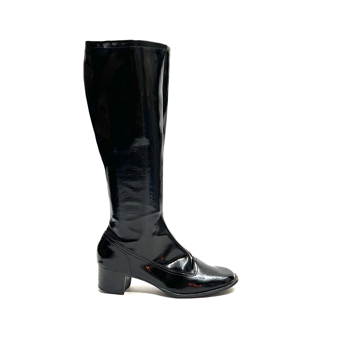 Vintage 1960s Knee High Gogo Boots // Black Vegan Patent