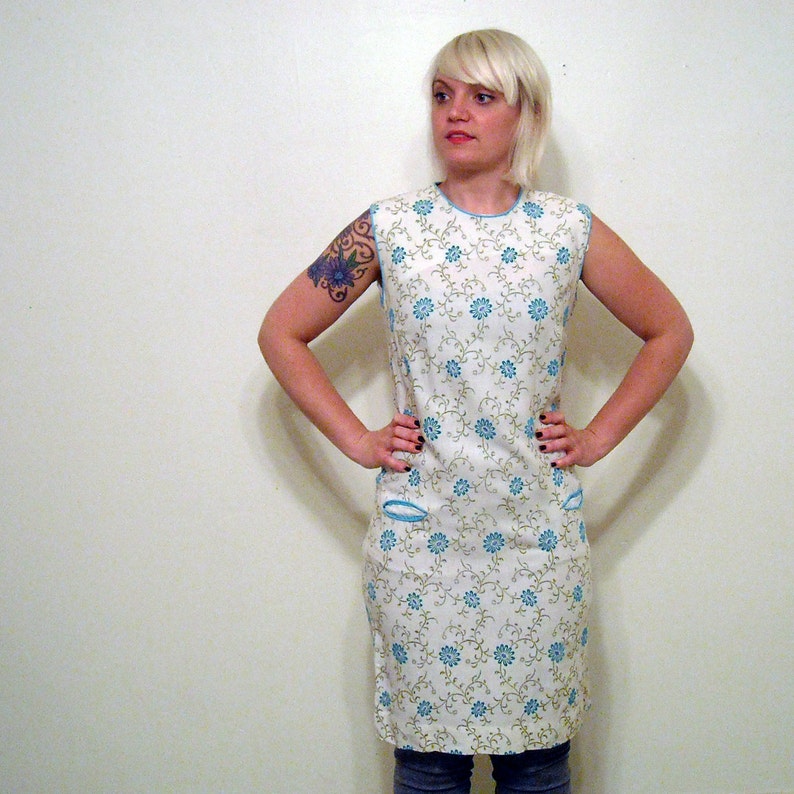 Vintage 1960s Dress // Floral Print Sheath Dress // Turquoise Flower Dress // Office Fashion Large Back to School Mad Men image 2