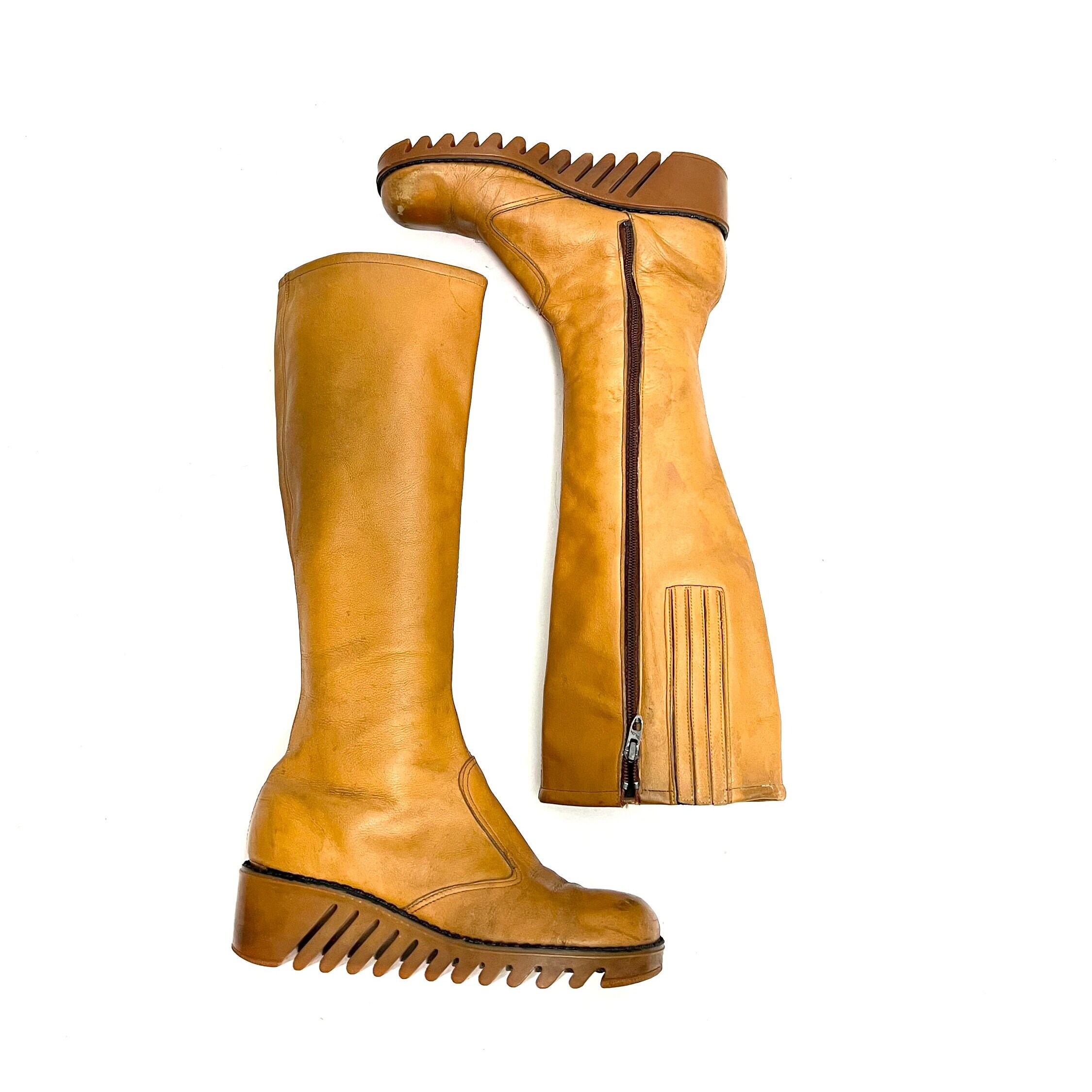 Vintage 1980s Chunky Wedge Heel Boots // Tan Leather Knee Vintage 1980s Chunky Wedge Heel Boots // Tan Leather Knee