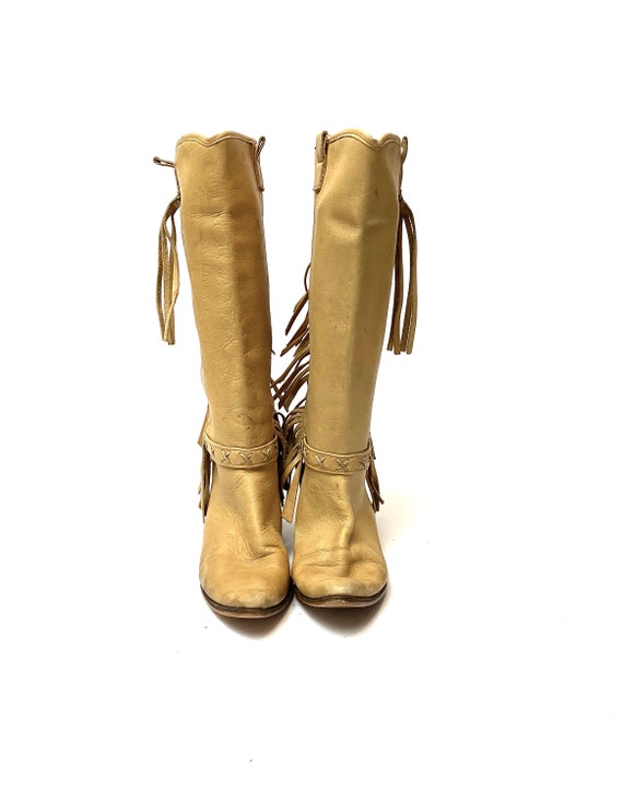 Vintage 1970s Italian Leather Fringe Boots // Tan… - image 2