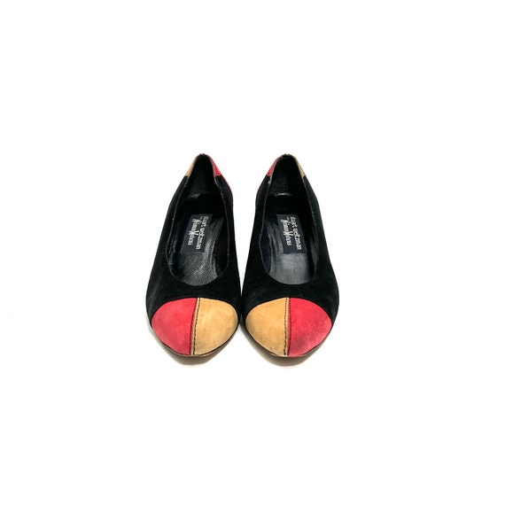 Vintage 1980s Color Block Pumps // Black Suede Re… - image 3