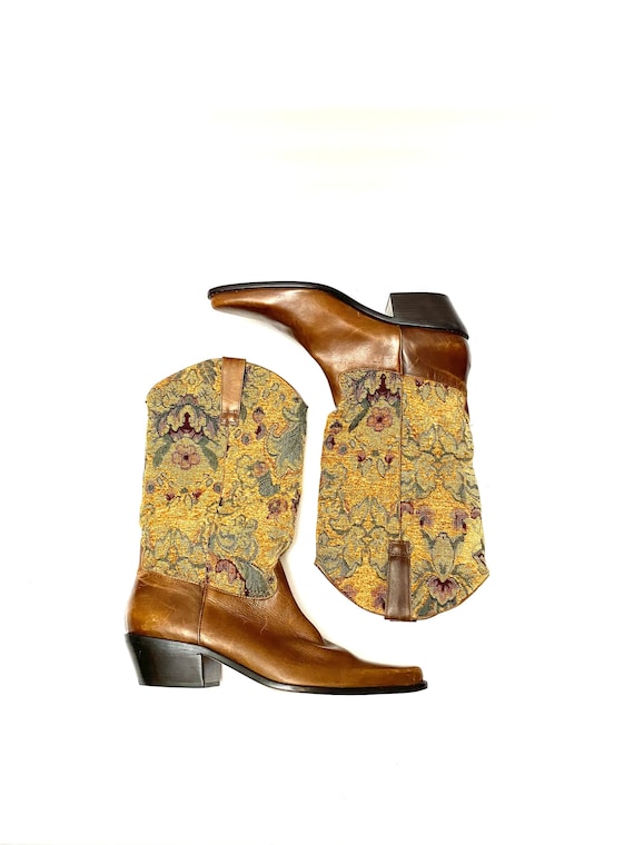 Vintage 1980s Tapestry Cowboy Boots // Brown Leath