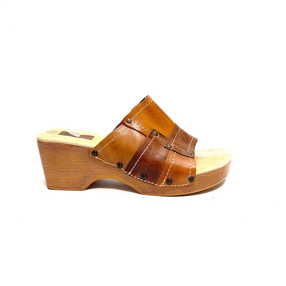 Vintage 1990s Patchwork Platform Sandals // Brown… - image 1