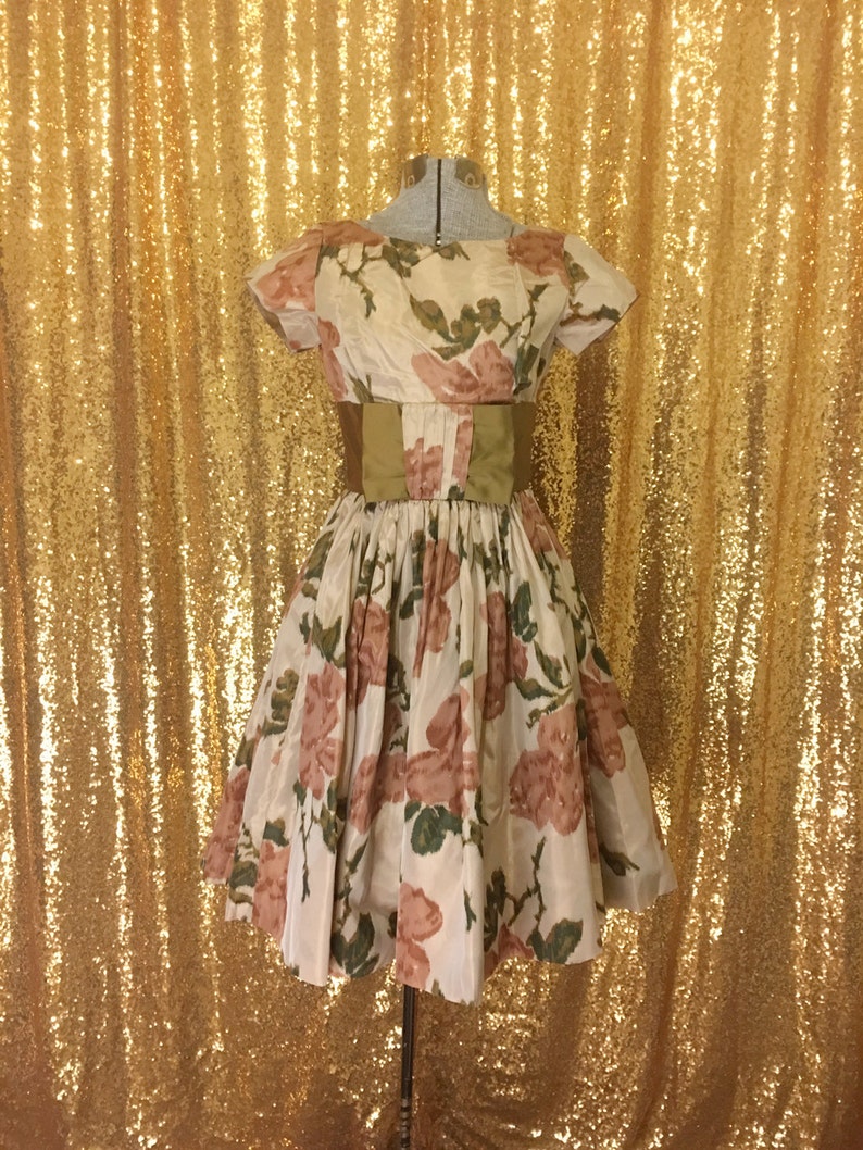 1950s Taffeta Party Dress Brown Floral Silk Dress Fit and Flare Full Skirt Alternative Wedding Bridesmaid Dress Small XS
