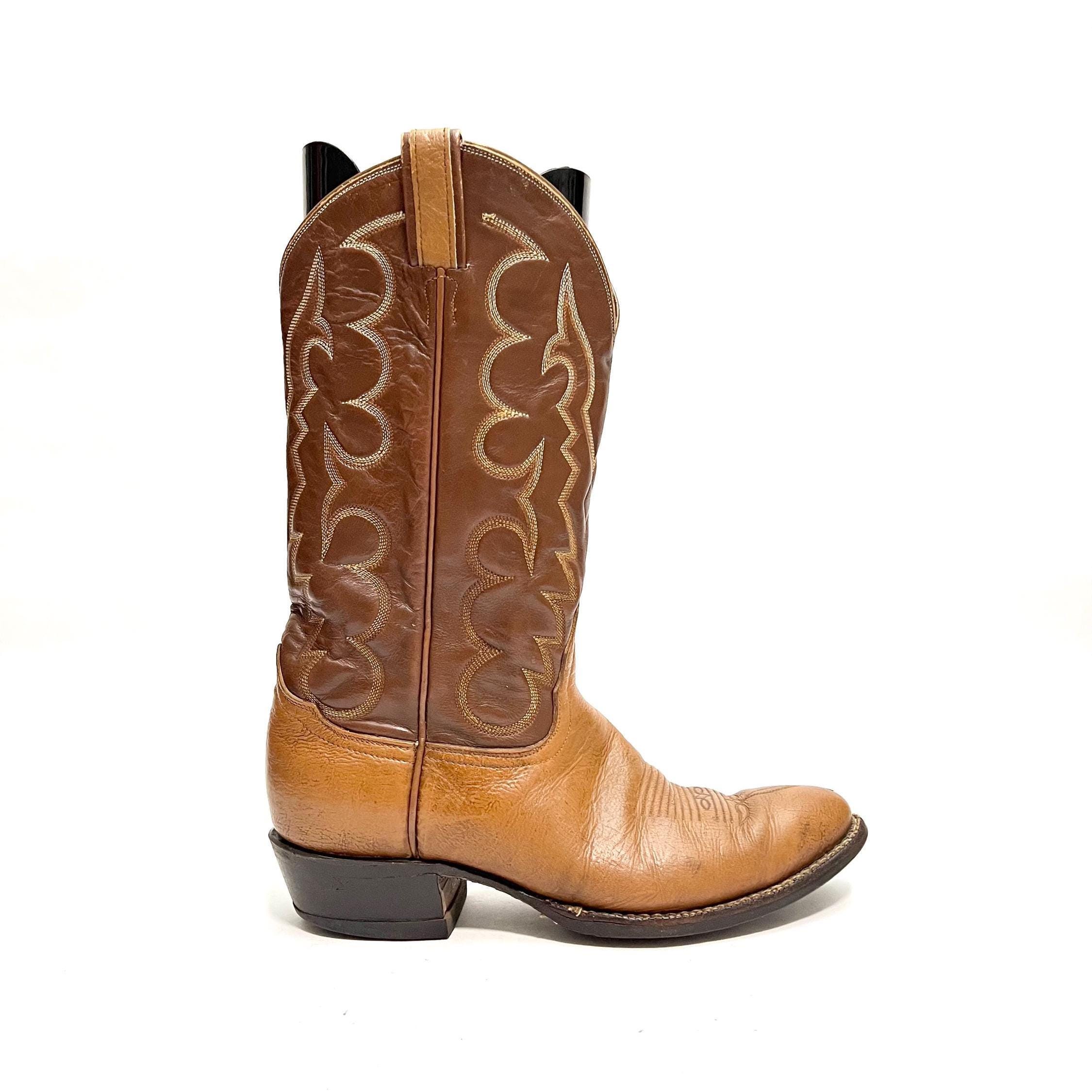 Vintage 1990s Men's Cowboy Boots // Two Tone Brown Leather Mid