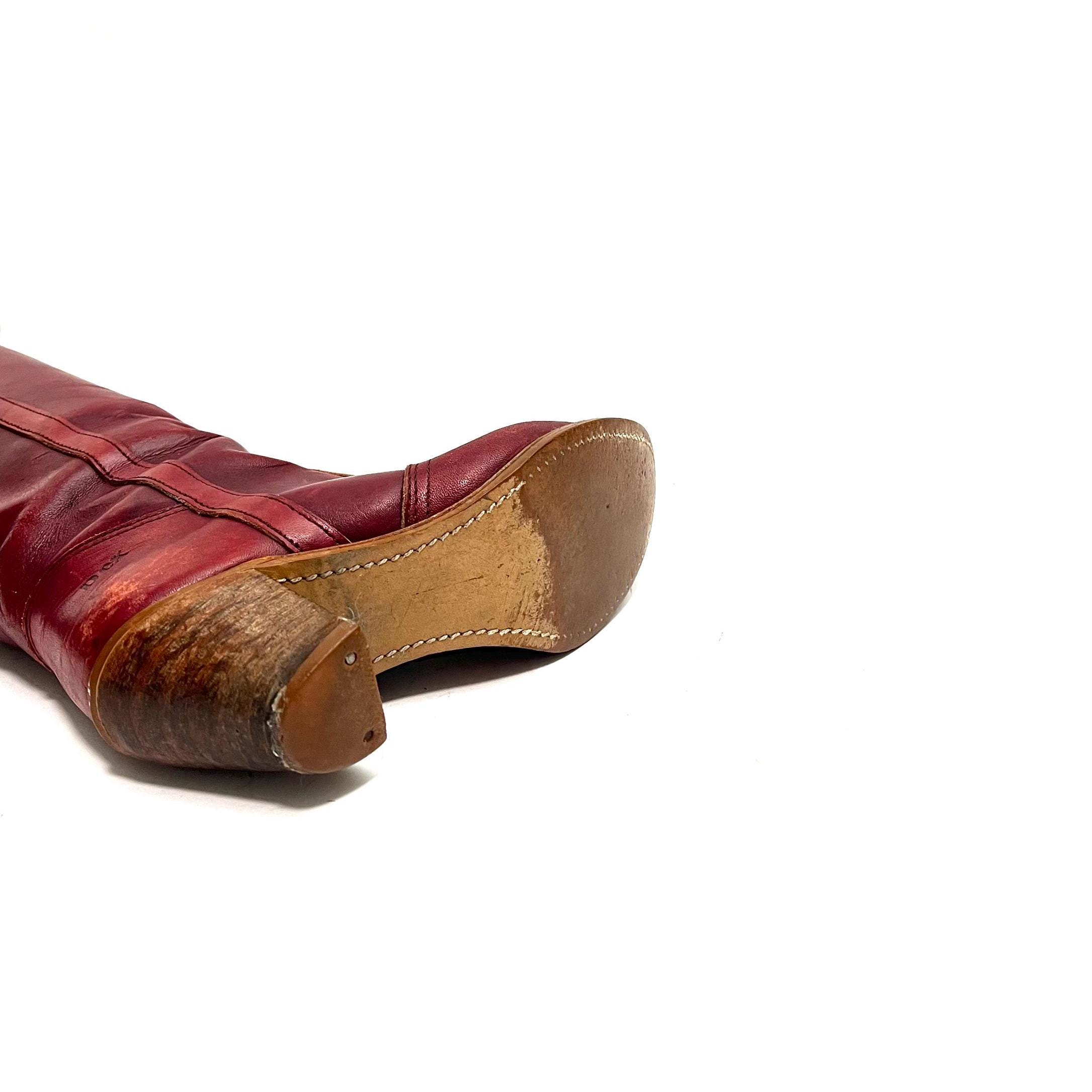 Vintage 1970s Womens Campus Boots // Oxblood Leather Knee
