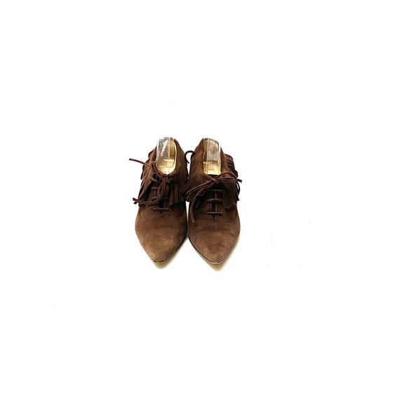 Vintage 1990s Jimmy Choo Heels // Brown Suede Fri… - image 3