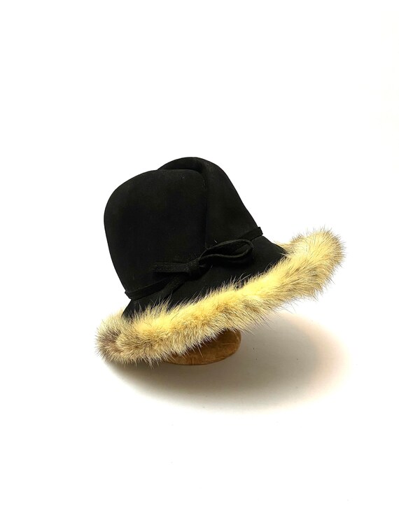 Vintage 1940s Fox Fur Bucket Hat // Black Wool Scu